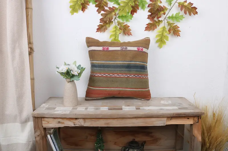 Pillow Case, Antique Pillows, Boho Pillow, One Of A Kind Cushion Case, 14x14 Brown Pillow Sham, Vintage Kilim Pillow - 1