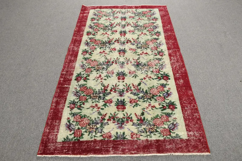 Turkish Rug, 3.8x6.6 ft Area Rug, Red Patchwork Wool Vintage Rug - 1