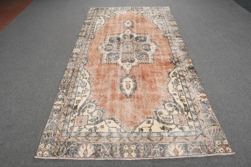4.5x9.2 ft Vintage Turkish Rug, Large Rug, Brown Oushak Striped Rug - 1