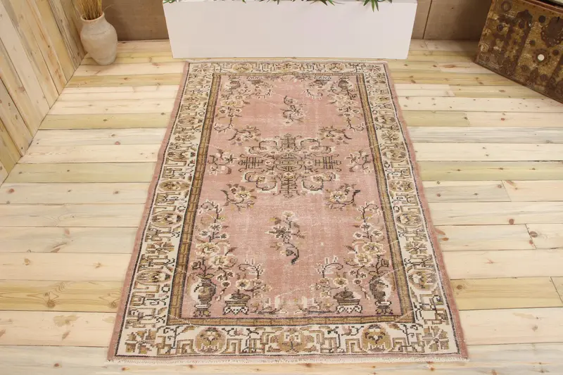 Handmade Pink & Yellow Check Rug, 0.4x6.6 ft