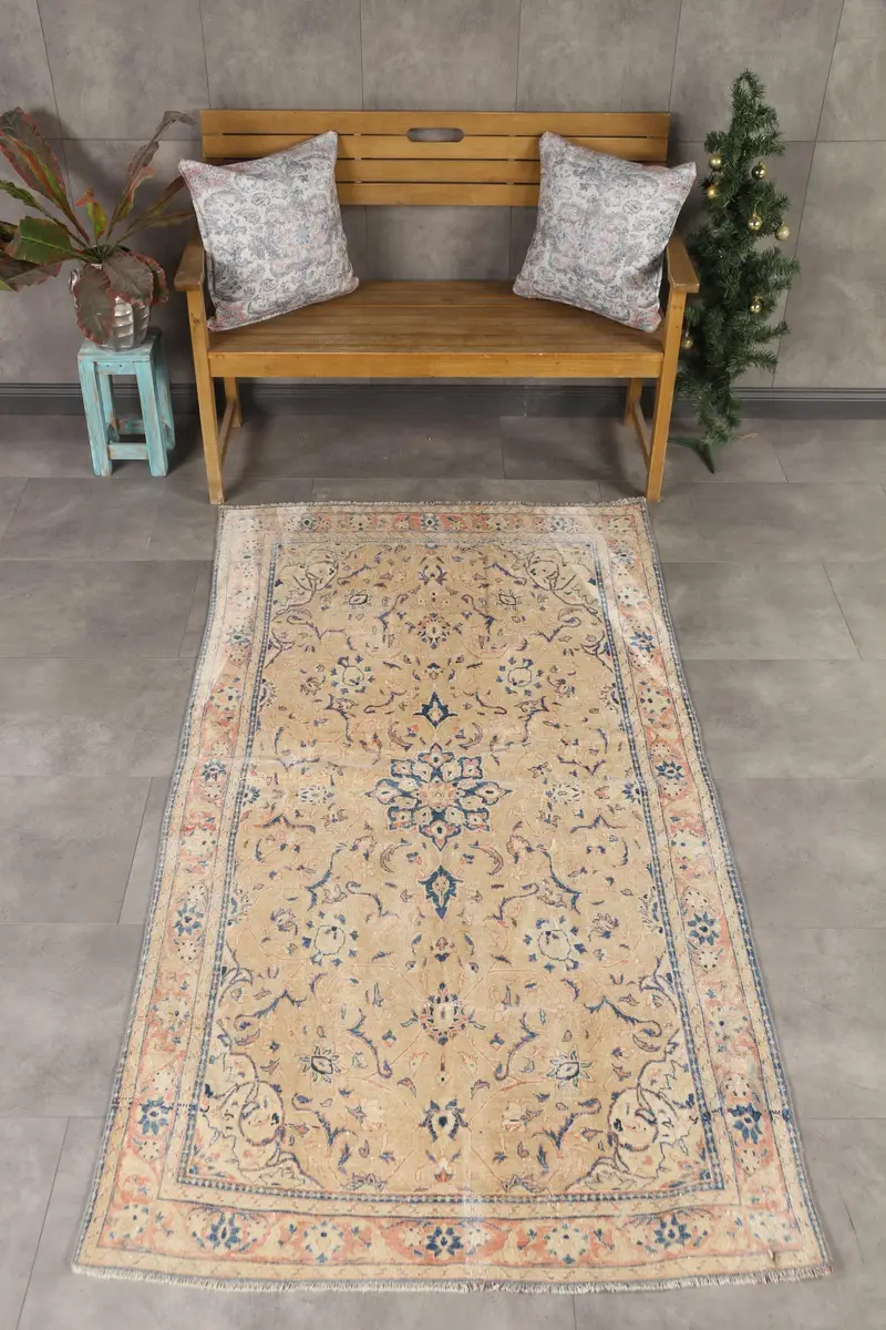 Oushak Halı, 3.7x7.2 ft Türk Halısı, Mavi Paisley Halı Yün - 1