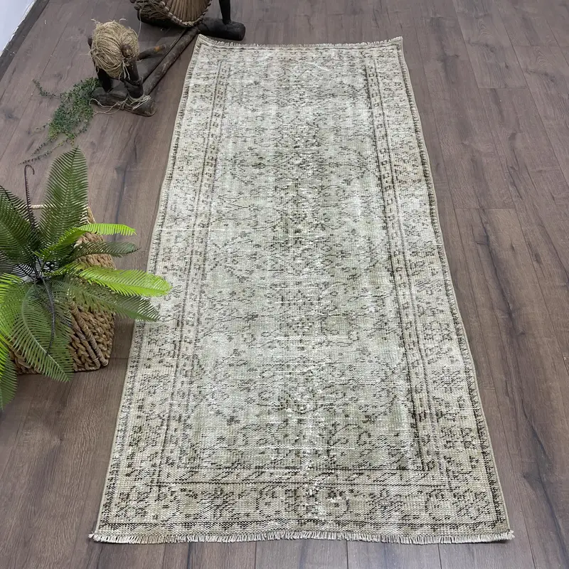 Turkish Vintage Oushak Accent Rug 2.9x6.4 ft, Gray Striped Rug Wool - 1