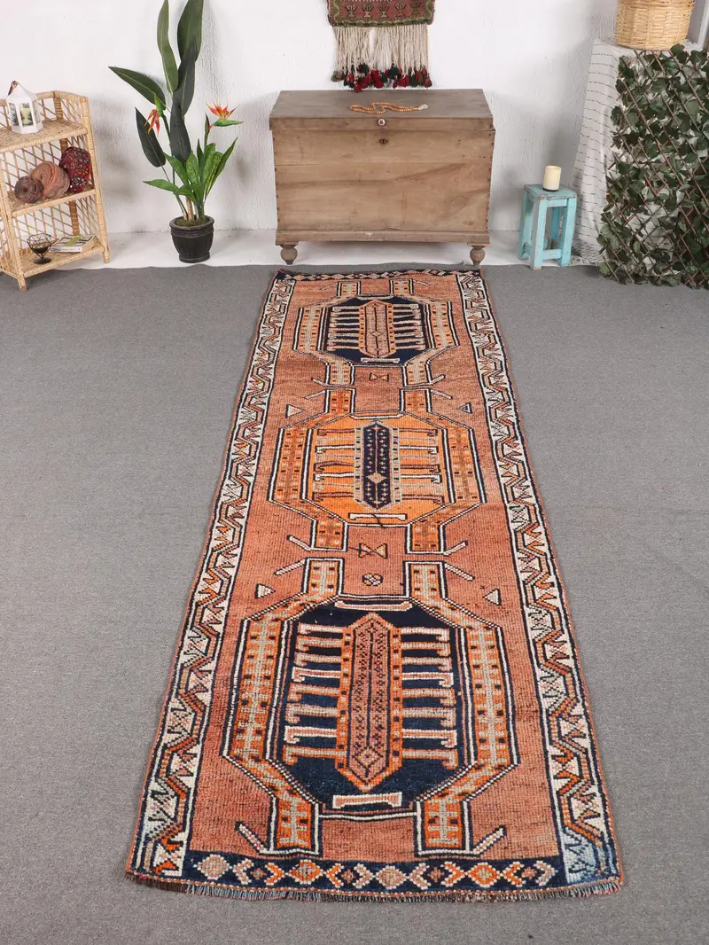 オレンジ & ブルー オンブレ ラグ、3.2x10.1 フィート シックな装飾