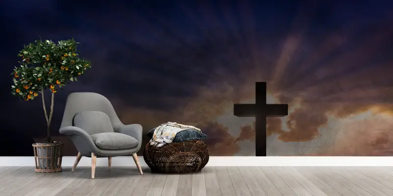 Paper Wall Art, Custom Wall Paper, Resurrection Cross Wall Art, Bright Wall Paper, Sunset Landscape Wallpaper, - 4