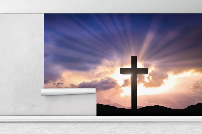 Paper Wall Art, Custom Wall Paper, Resurrection Cross Wall Art, Bright Wall Paper, Sunset Landscape Wallpaper, - 1