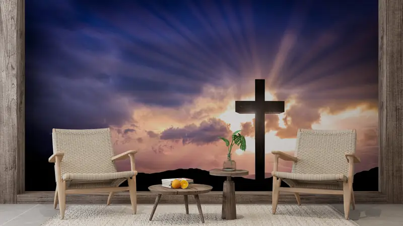 Paper Wall Art, Custom Wall Paper, Resurrection Cross Wall Art, Bright Wall Paper, Sunset Landscape Wallpaper, - 2