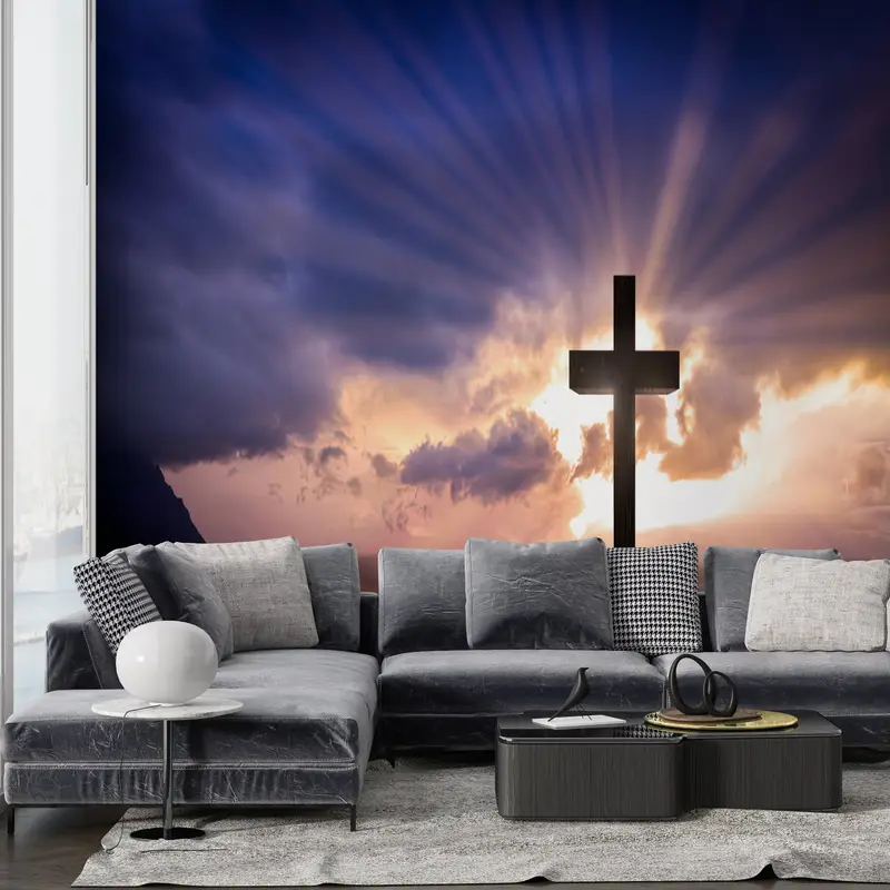 Paper Wall Art, Custom Wall Paper, Resurrection Cross Wall Art, Bright Wall Paper, Sunset Landscape Wallpaper, - 8