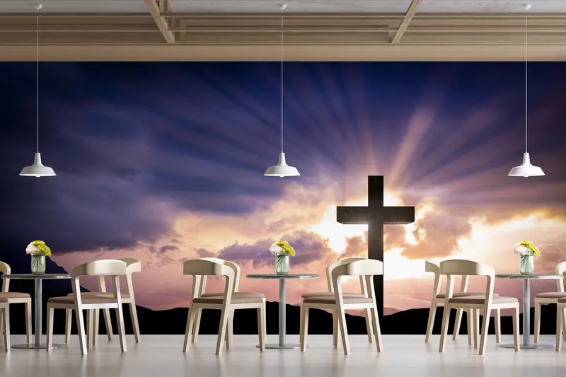Paper Wall Art, Custom Wall Paper, Resurrection Cross Wall Art, Bright Wall Paper, Sunset Landscape Wallpaper, - 7