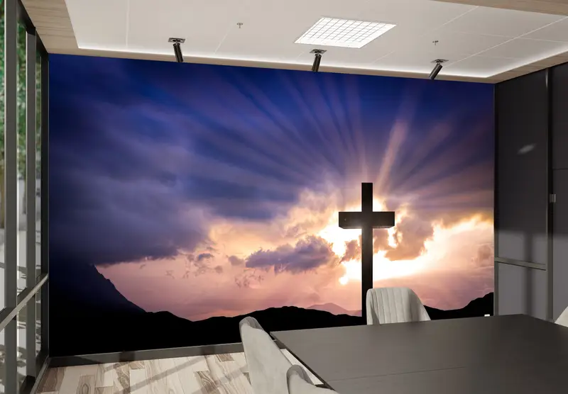 Paper Wall Art, Custom Wall Paper, Resurrection Cross Wall Art, Bright Wall Paper, Sunset Landscape Wallpaper, - 3