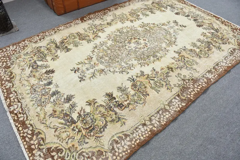 5.6x8.9 ft Eski Türk Halısı, Büyük Halı, Kahverengi Oushak Patchwork Halı - 1