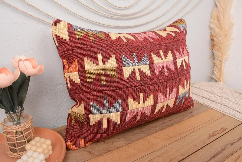 Rot & Beige besticktes Wurfkissen, 20x28 handgemachtes Kissen