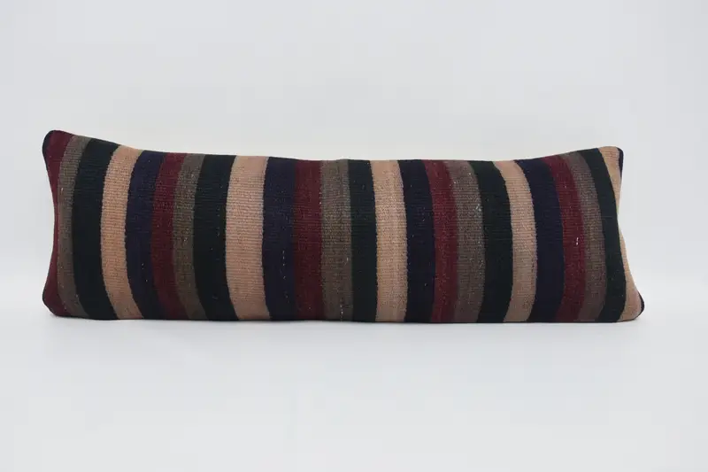 Striped Blue Turkish Pillow Case, Antique Woven 12x36 inch Pillow - 1