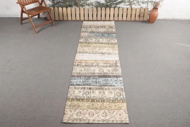 手作りのブルーオリエンタルラグ、2.7x9.3フィートのエレガントな装飾