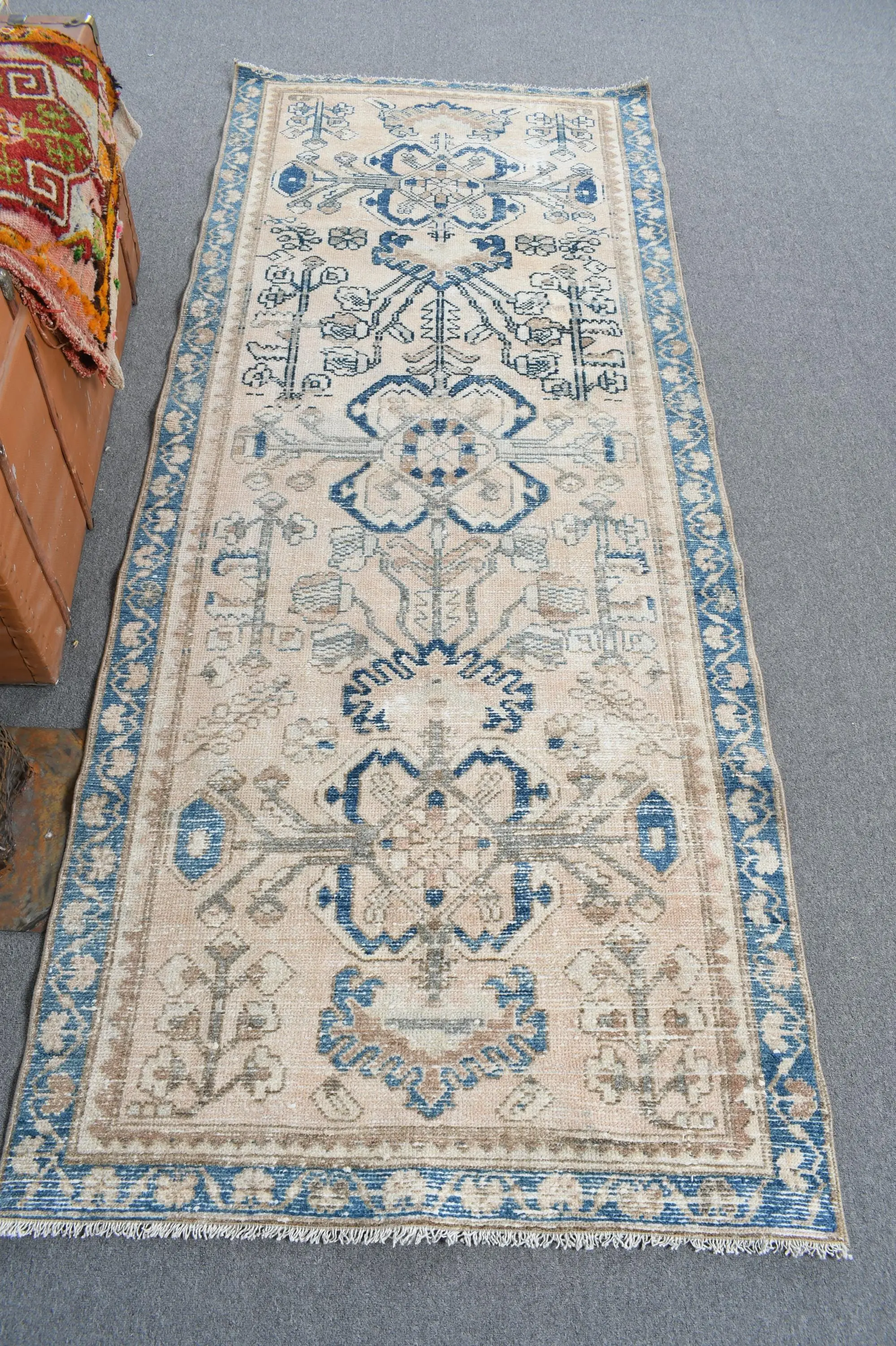 3.2x8 ft Runner Turkish Vintage Rug, Blue Polka dot Wool Rug - 1
