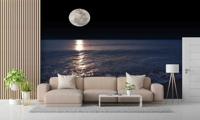 Basılı Duvar Kağıdı: Deniz, Ay ve Dolunay Gece Manzarası