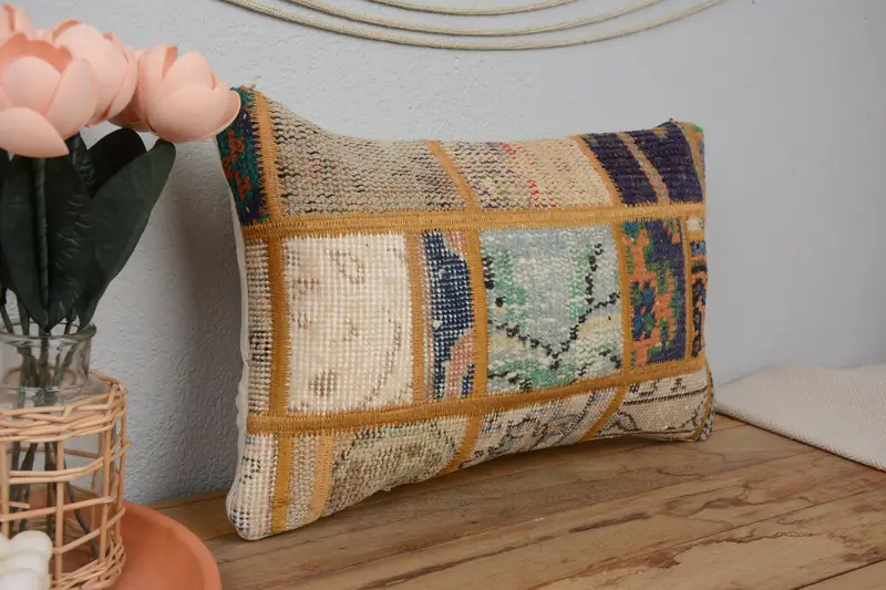 Sustainable Pillow Sham, Vintage Kilim Pillow, Kilim Cushion Sham, Tribal Pillow Sham, Turkish Kilim Pillow, 12x20 Beige Pillow Case, Cushion Case - 1