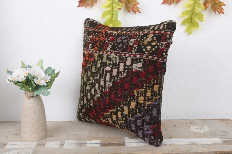 Boho Pillow, Turkish Kilim Pillow, 14x14 Brown Pillow Cover, Home Decor Pillow, Cushion Case, Southwestern Cushion Case, Ikat Pillow Sham - 4
