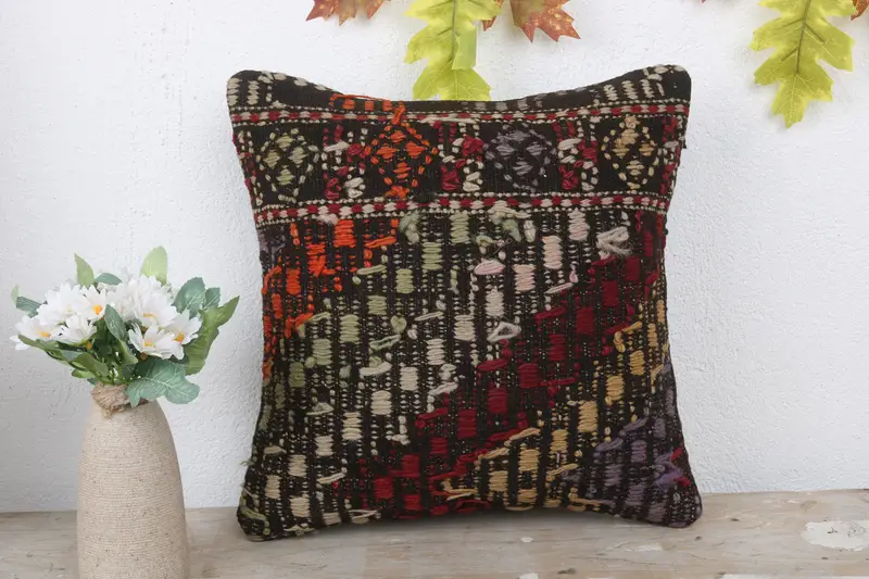 Boho Pillow, Turkish Kilim Pillow, 14x14 Brown Pillow Cover, Home Decor Pillow, Cushion Case, Southwestern Cushion Case, Ikat Pillow Sham - 2