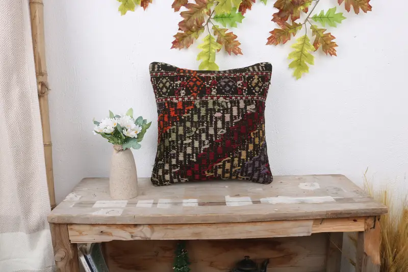 Boho Pillow, Turkish Kilim Pillow, 14x14 Brown Pillow Cover, Home Decor Pillow, Cushion Case, Southwestern Cushion Case, Ikat Pillow Sham - 1