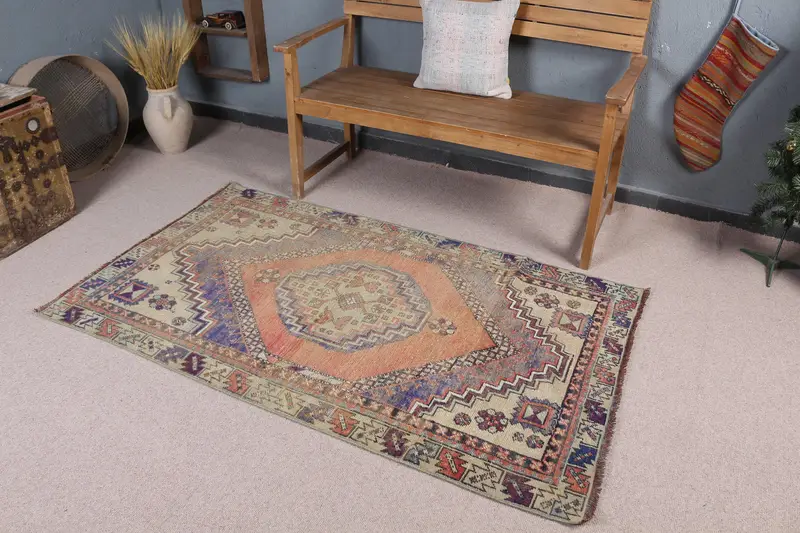 エレガントなベージュ & オレンジ ラグ、3.4x5.7 フィート フローラル & ペイズリー