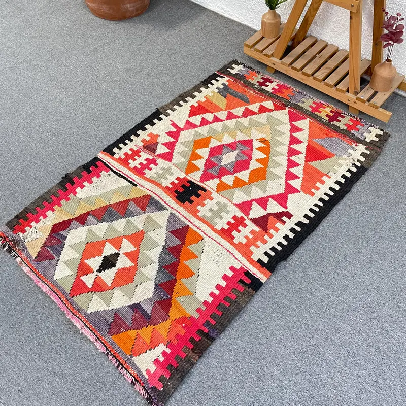 Turkish Vintage Rug, 2.8x4.4 ft Small Rug, Red Orange Abstract Wool Rug - 1