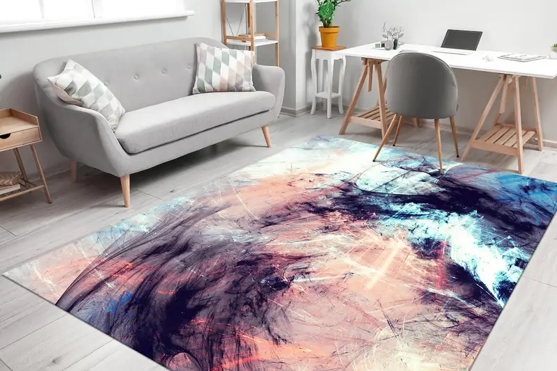 Alfombra contemporánea estampada en negro y colorido: elegancia moderna