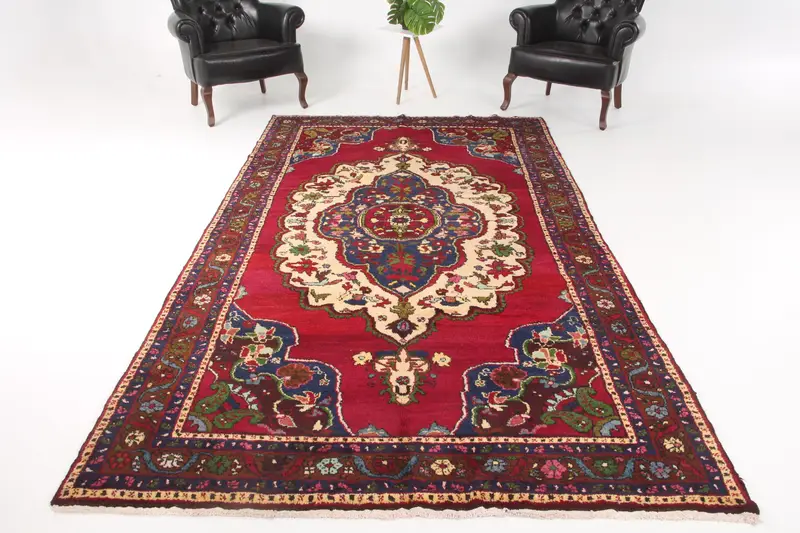 Turkish 5.7x10.2 ft Rug, Oushak Vintage Rug, Red Polka dot Wool Rug - 1