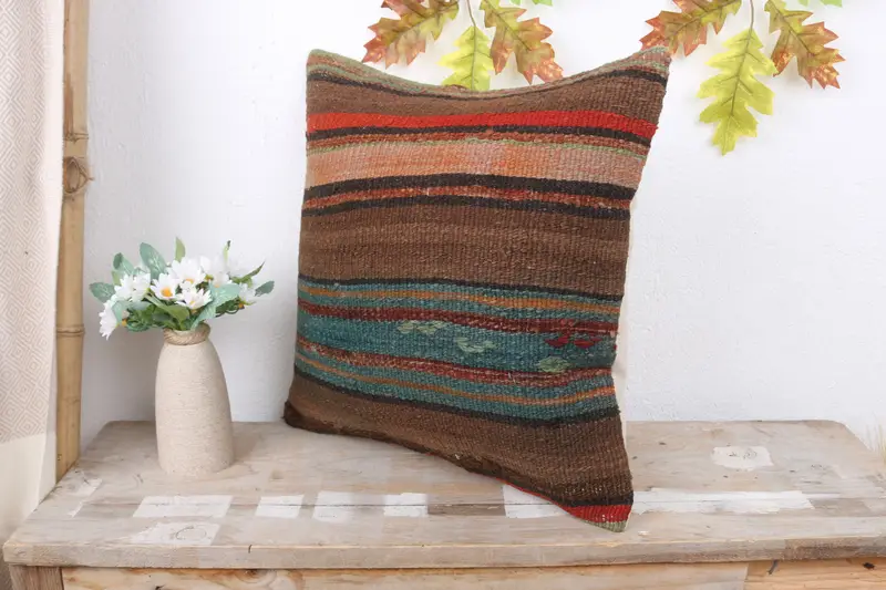 Pillow Sham, Retro Throw Cushion, Kilim Pillow, Kilim Cushion Sham, 16x16 Brown Pillow, Ottoman Pillow, Neutral Pillow Case, Handmade Kilim Cushion - 4