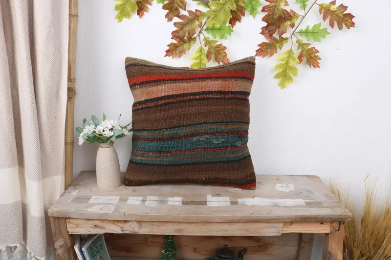 Pillow Sham, Retro Throw Cushion, Kilim Pillow, Kilim Cushion Sham, 16x16 Brown Pillow, Ottoman Pillow, Neutral Pillow Case, Handmade Kilim Cushion - 1