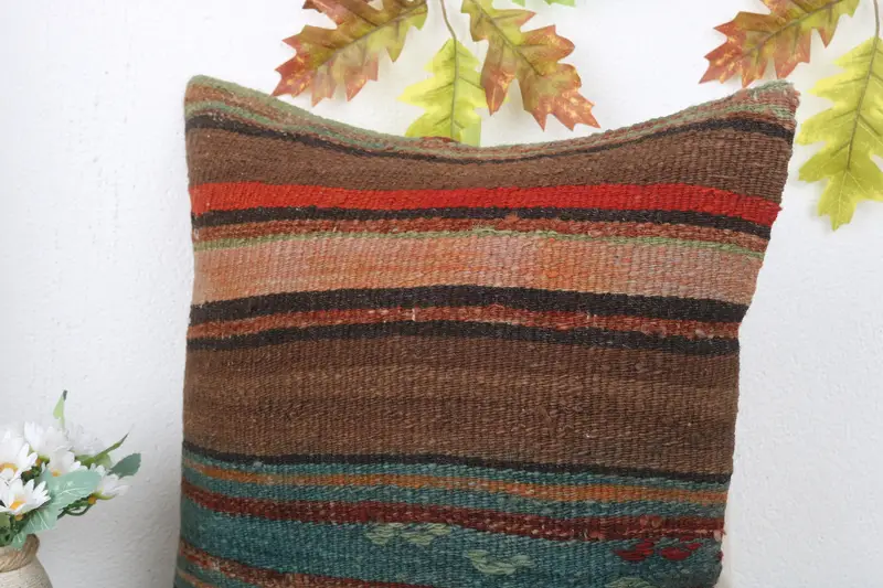 Pillow Sham, Retro Throw Cushion, Kilim Pillow, Kilim Cushion Sham, 16x16 Brown Pillow, Ottoman Pillow, Neutral Pillow Case, Handmade Kilim Cushion - 5