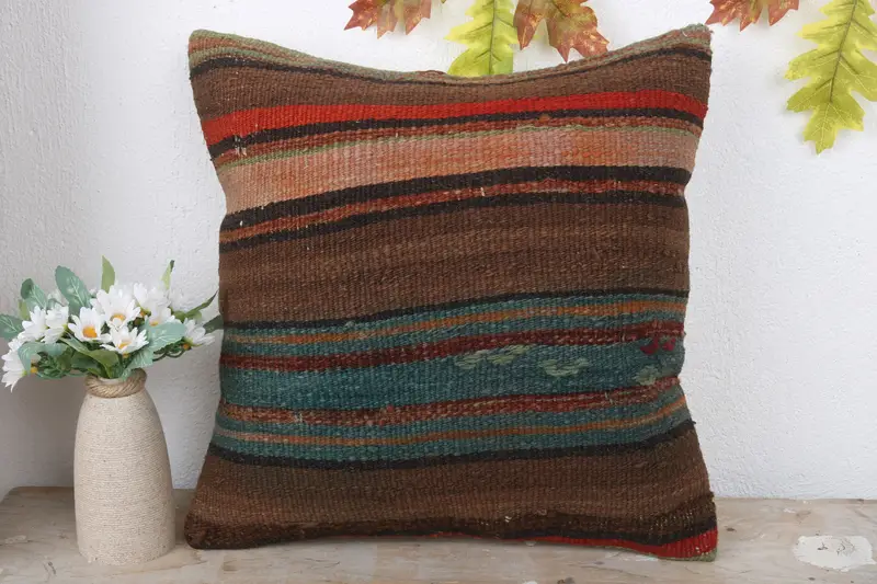Pillow Sham, Retro Throw Cushion, Kilim Pillow, Kilim Cushion Sham, 16x16 Brown Pillow, Ottoman Pillow, Neutral Pillow Case, Handmade Kilim Cushion - 2