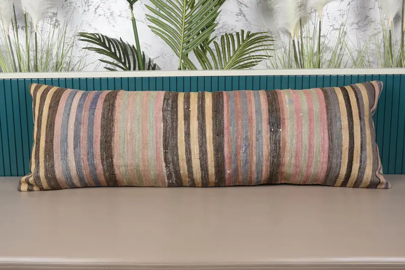 Besticktes Beige & Braun gestreiftes Kissen, handgemachtes Vintage Wurfkissen