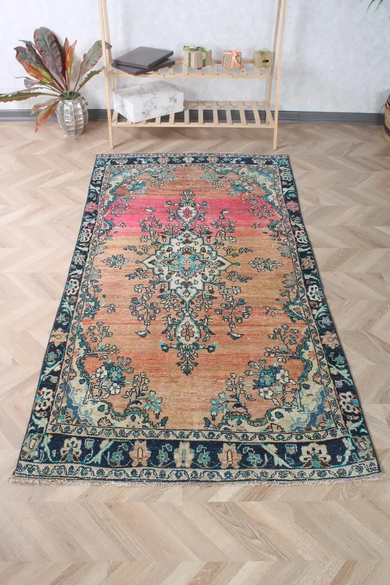 3,9 x 7,3 ft türkischer Teppich, Vintage-Teppich, blau-roter Tierdruck-Teppich - 1