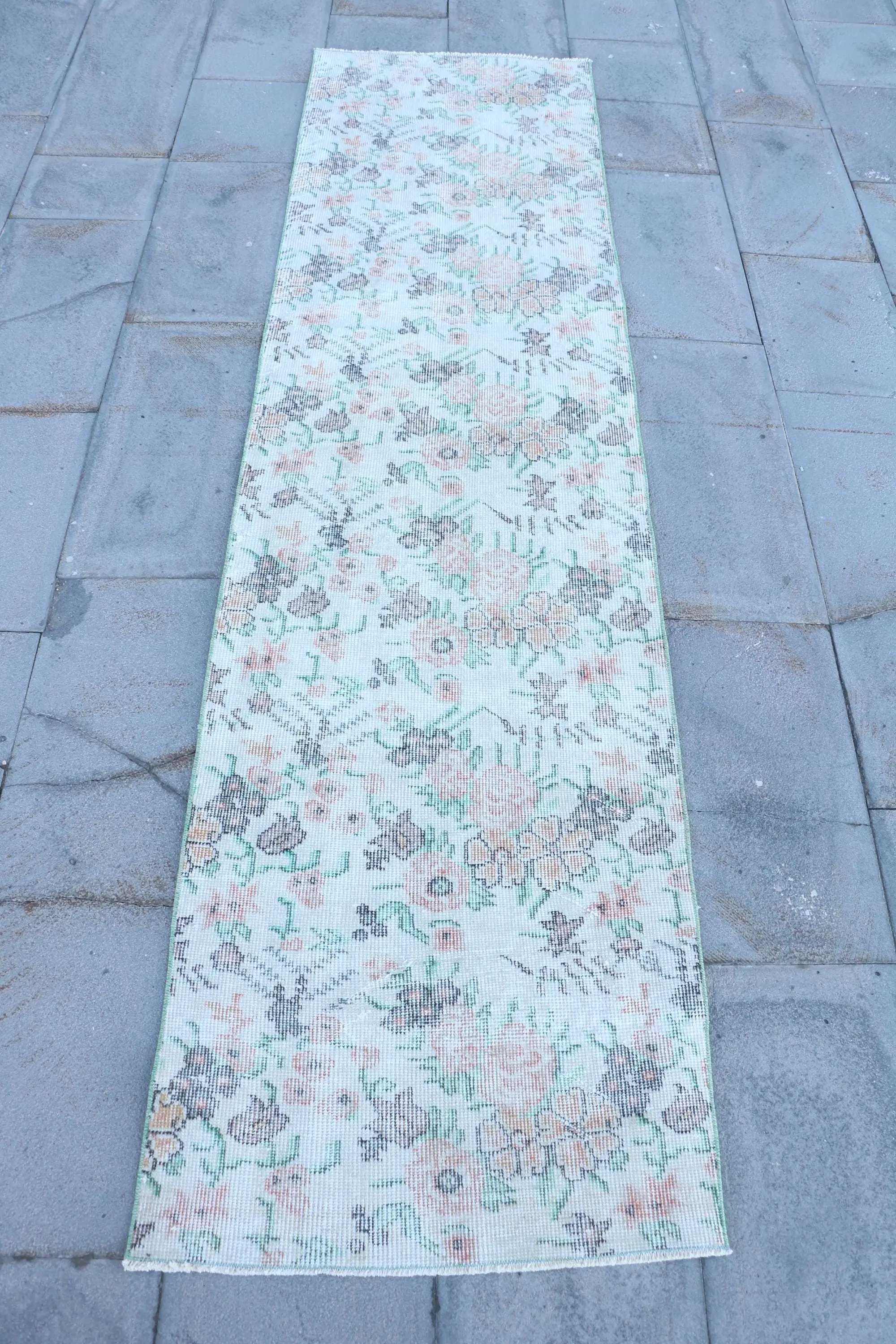 2.2x8.5 ft Rug, Turkish Vintage Rug, Green Floral Rug - 1