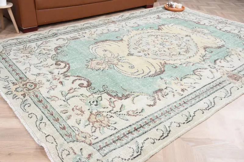 Vintage Türk Büyük Halı 5.9x9.7 ft (179x296 cm), Yeşil Soyut Oushak Halı - 1