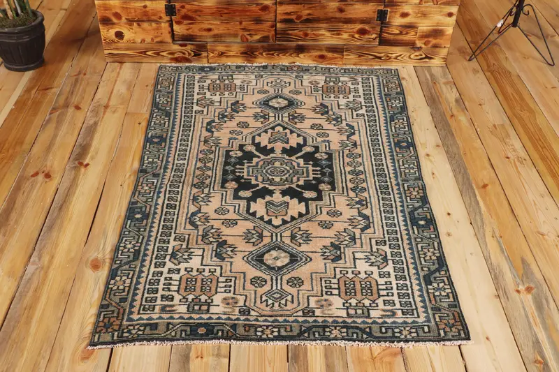 3.1x4.5 ft Vintage Halı, Küçük Türk Halısı, Mavi Çizgili Halı - 1