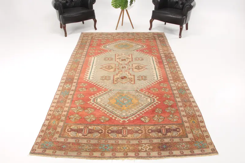 5.6x9.8 ft Vintage Oushak Halı, Türk Halısı, Kırmızı Oryantal Yün Halı - 1