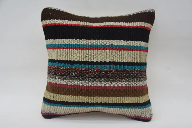 Türkischer kleiner quadratischer gestreifter Kissenbezug, marokkanische Wolle, 12 x 12 cm, beige Kissenbezug - 1