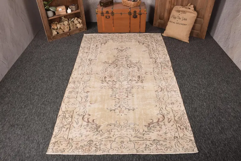 Türk Vintage Büyük Halı 5.2x9 ft, Bej Kahverengi Çiçekli Halı - 1