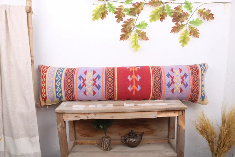 Vintage Kilim Pillow, Boho Pillow Sham Cover, Interior Designer Pillow, Ottoman Pillow, 12x48 Red Pillow Case, Pillow Cover - 1