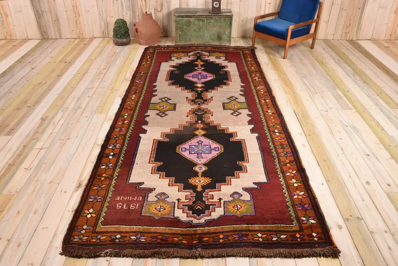 Kırmızı Desenli Zarif Bej Halı, 5,7x12,3 ft