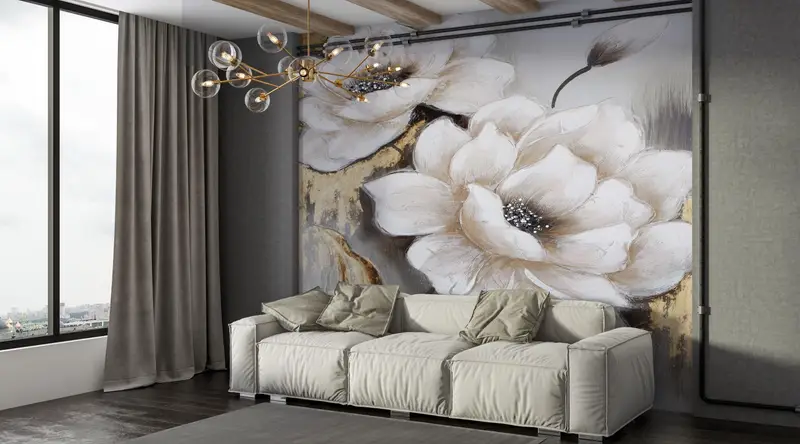 モダンで豪華なゴールド & ホワイトの花柄プリント壁紙