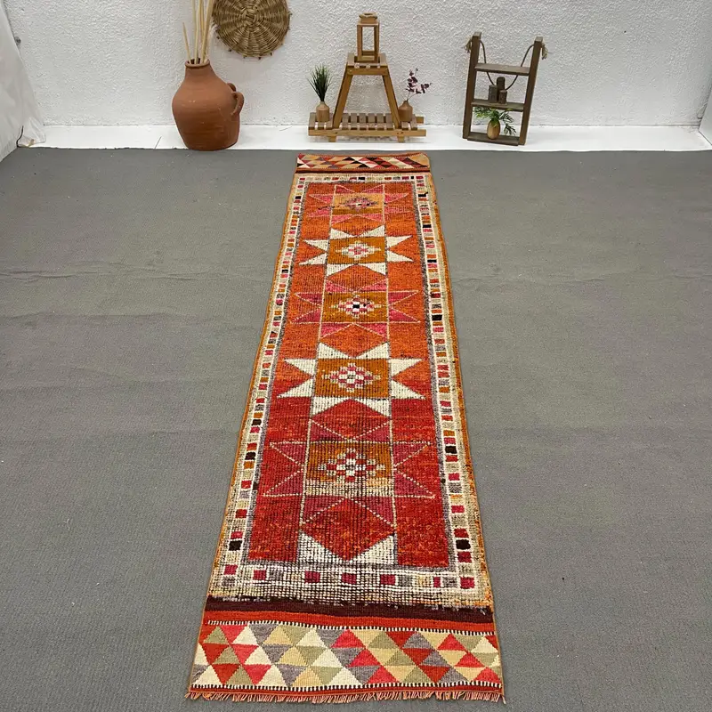 Vintage Turkish Herki Rug 2.7x11.3 ft, Red Runner Moroccan Wool Rug - 1