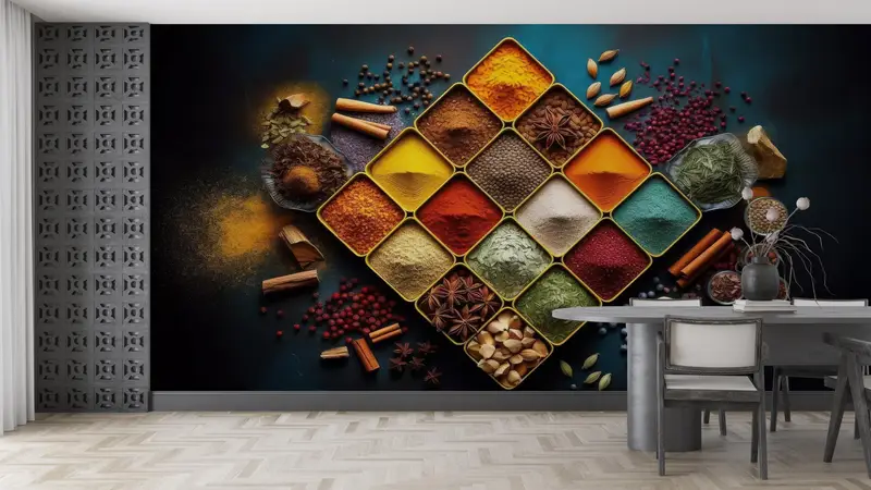 Gewürze Wandbild, moderne Wandabziehbilder, 3D -Papierwandkunst, Gewürzteller digital - 2