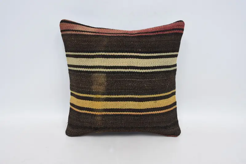 Vintage Kilim Pillow, Antique Pillows, Outdoor Patio Pillow, Southwestern Cushion Cover, Home Decor Pillow, Pillow Case, 16x16 Brown Pillow Cover - 1
