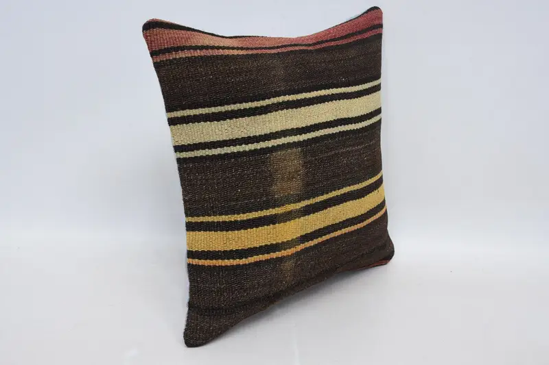 Vintage Kilim Pillow, Antique Pillows, Outdoor Patio Pillow, Southwestern Cushion Cover, Home Decor Pillow, Pillow Case, 16x16 Brown Pillow Cover - 3