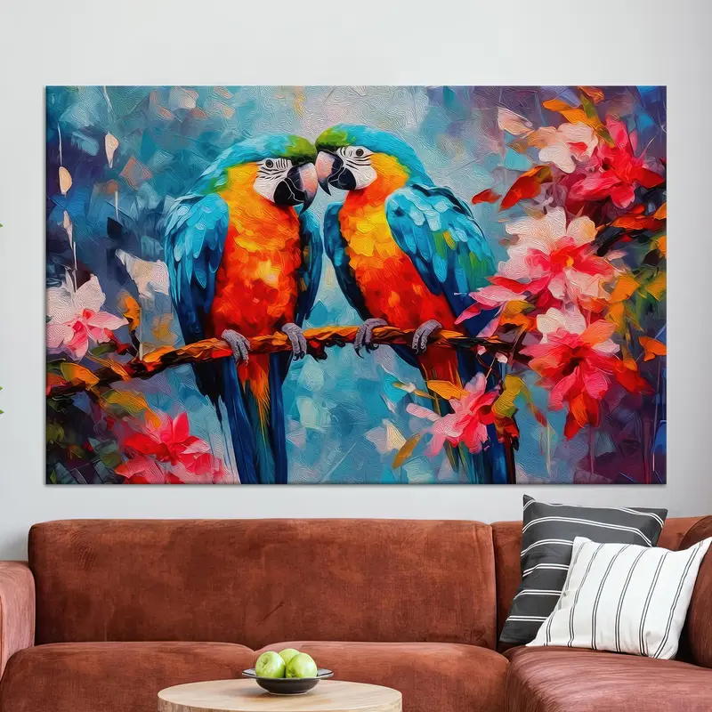 Elegant Parrot Couple Canvas Print: Vibrant Avian Art
