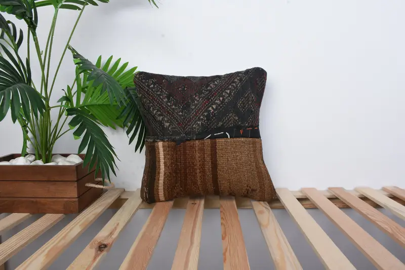 Bench Pillow Sham, Pillow Sham, Neutral Cushion, 16x16 Brown Pillow, Kilim Pillow Cover, Vintage Kilim Throw Pillow, Vintage Kilim Pillow - 1