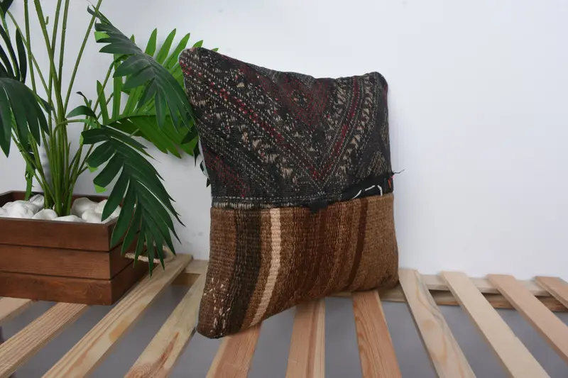 Bench Pillow Sham, Pillow Sham, Neutral Cushion, 16x16 Brown Pillow, Kilim Pillow Cover, Vintage Kilim Throw Pillow, Vintage Kilim Pillow - 4