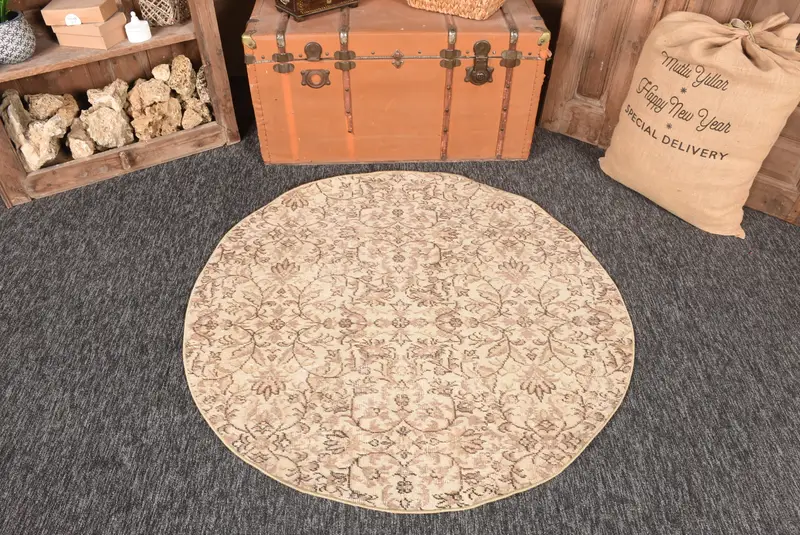 Alfombra de 4,2x4,2 pies, alfombra turca vintage, alfombra floral beige Oushak - 1